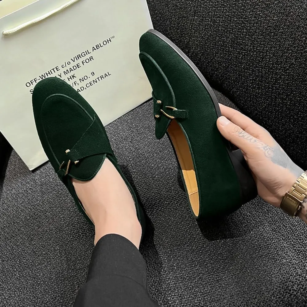 Mens Penny Loafers, Genuine Leather Suede Loafers Men Slip-On, Low Heel Comfort Metal Buckle Moccasins Slippers