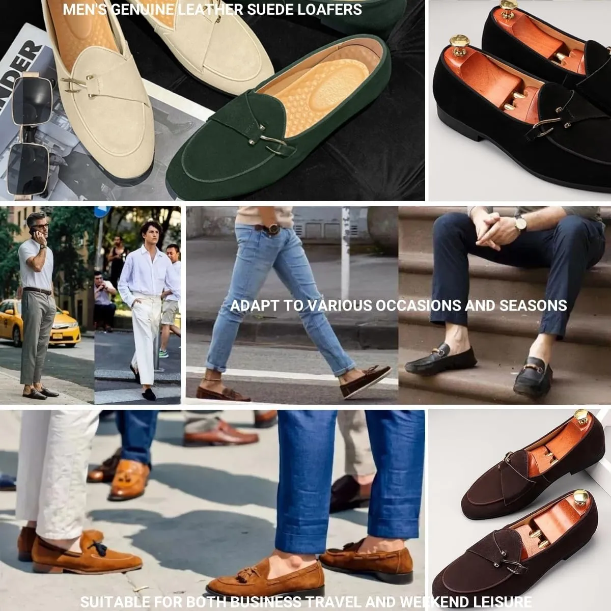 Mens Penny Loafers, Genuine Leather Suede Loafers Men Slip-On, Low Heel Comfort Metal Buckle Moccasins Slippers