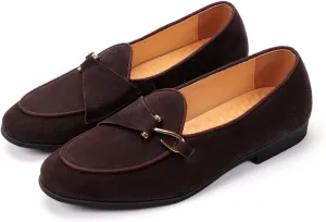 Mens Penny Loafers, Genuine Leather Suede Loafers Men Slip-On, Low Heel Comfort Metal Buckle Moccasins Slippers