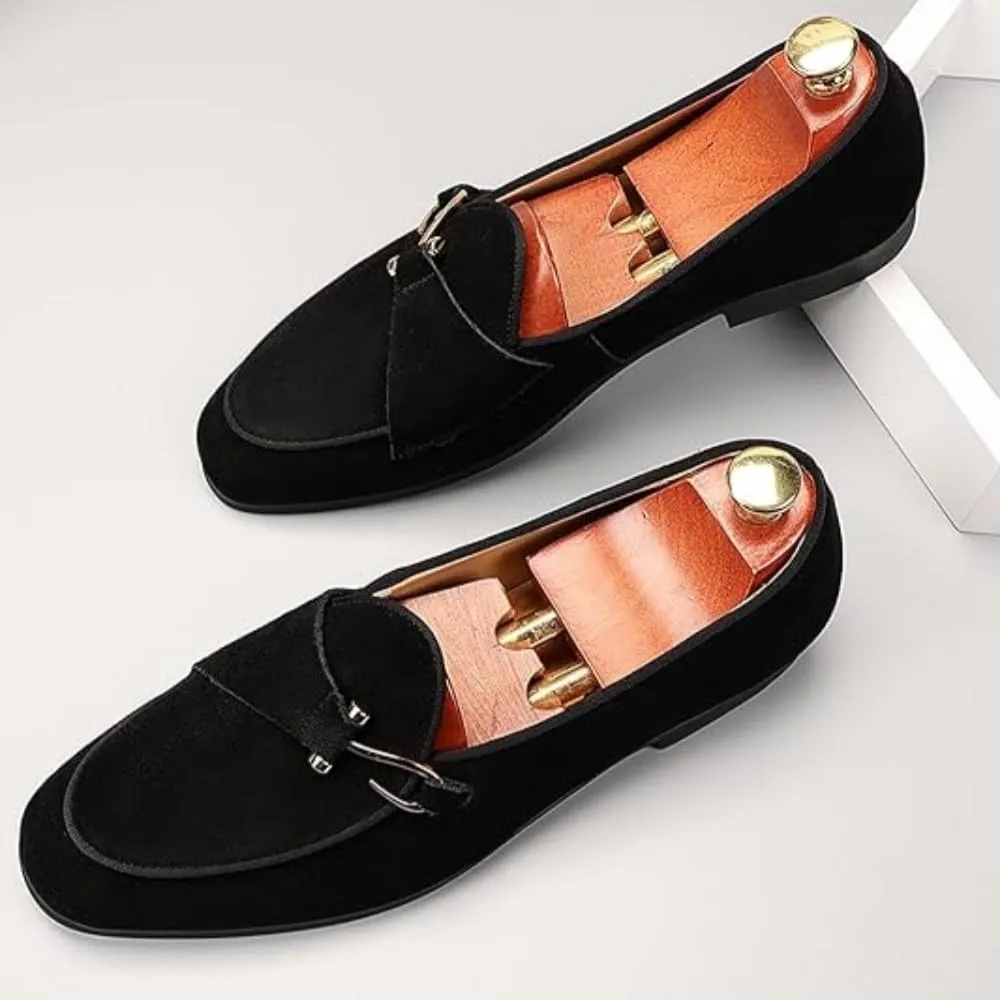 Mens Penny Loafers, Genuine Leather Suede Loafers Men Slip-On, Low Heel Comfort Metal Buckle Moccasins Slippers