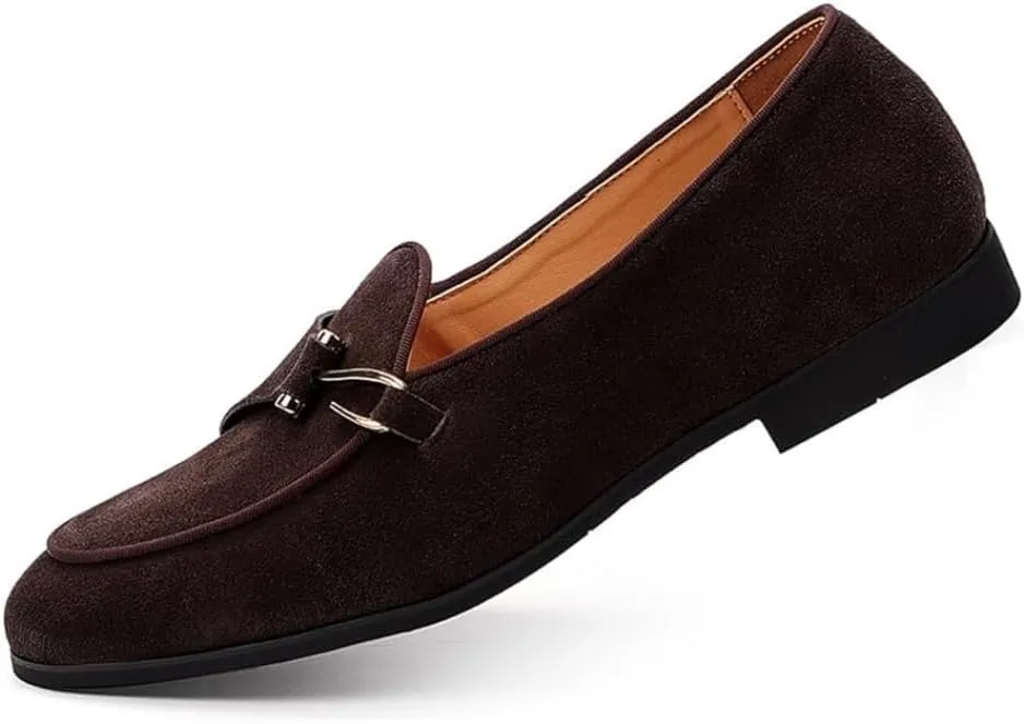Mens Penny Loafers, Genuine Leather Suede Loafers Men Slip-On, Low Heel Comfort Metal Buckle Moccasins Slippers