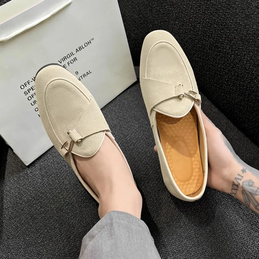 Mens Penny Loafers, Genuine Leather Suede Loafers Men Slip-On, Low Heel Comfort Metal Buckle Moccasins Slippers
