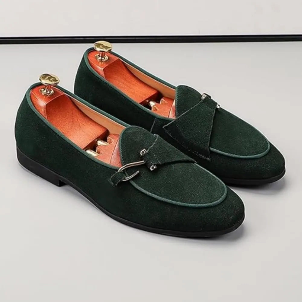 Mens Penny Loafers, Genuine Leather Suede Loafers Men Slip-On, Low Heel Comfort Metal Buckle Moccasins Slippers