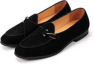 Mens Penny Loafers, Genuine Leather Suede Loafers Men Slip-On, Low Heel Comfort Metal Buckle Moccasins Slippers