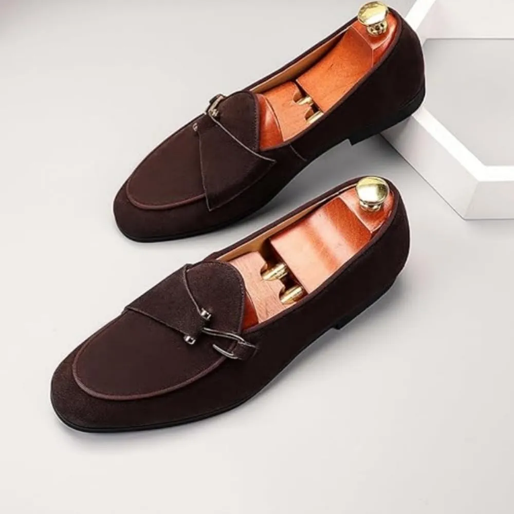 Mens Penny Loafers, Genuine Leather Suede Loafers Men Slip-On, Low Heel Comfort Metal Buckle Moccasins Slippers