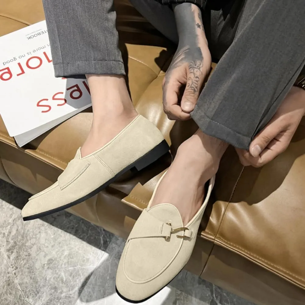 Mens Penny Loafers, Genuine Leather Suede Loafers Men Slip-On, Low Heel Comfort Metal Buckle Moccasins Slippers