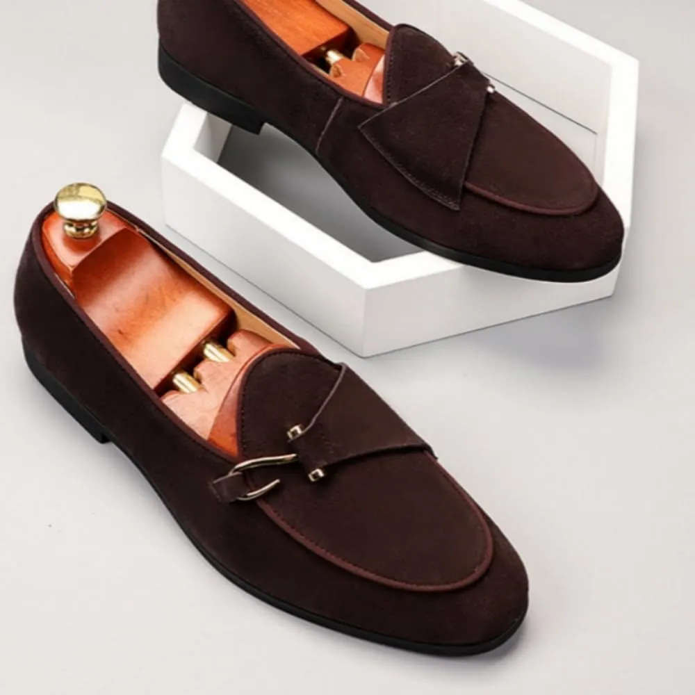 Mens Penny Loafers, Genuine Leather Suede Loafers Men Slip-On, Low Heel Comfort Metal Buckle Moccasins Slippers