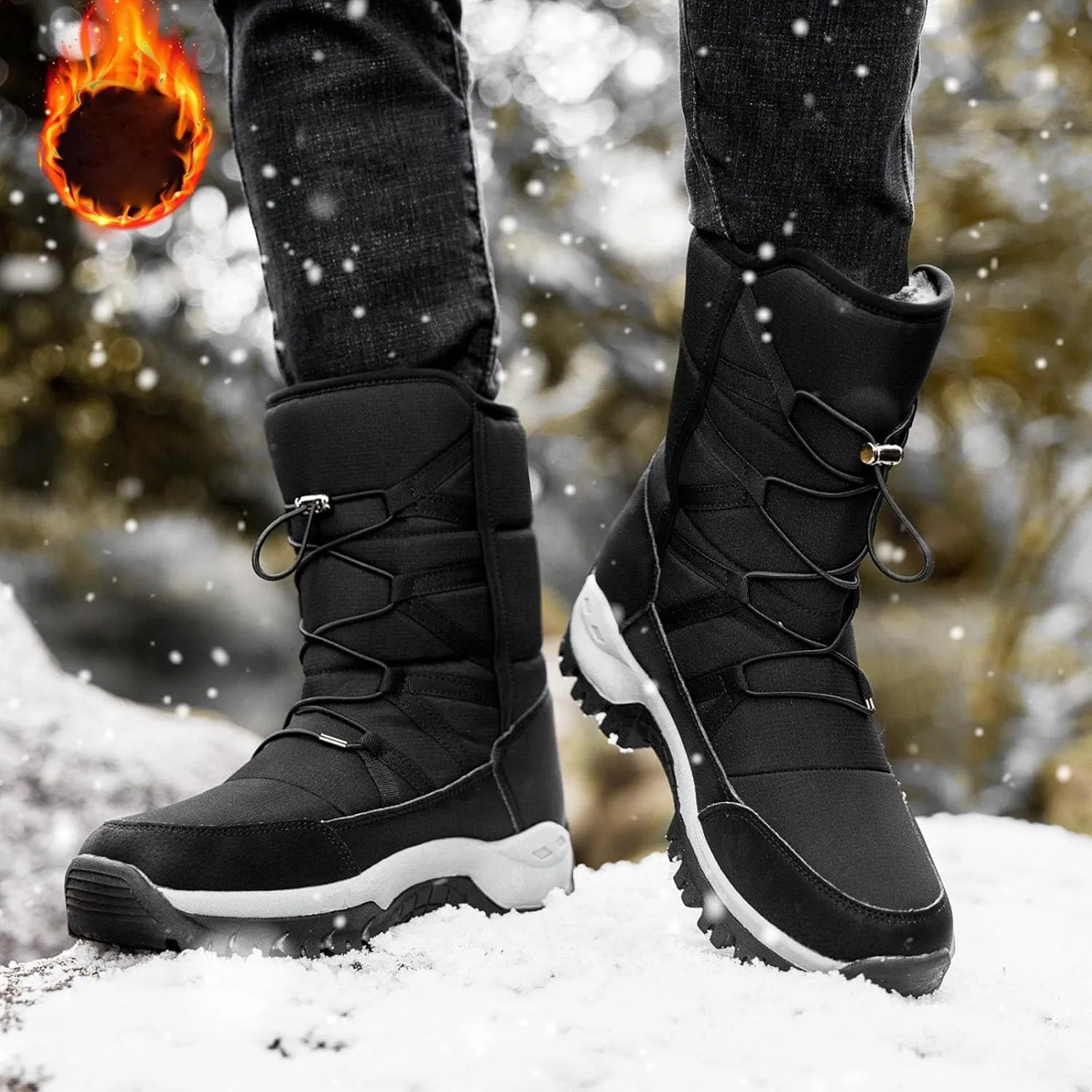 Mens Snow Boots Warm Fur Lined Mid Calf Winter Boots Lace Up Water Resistant Anti Slip Outdoor Lightweight Casual Climbing Shoes Hiking Shoes Work Trekking Boot