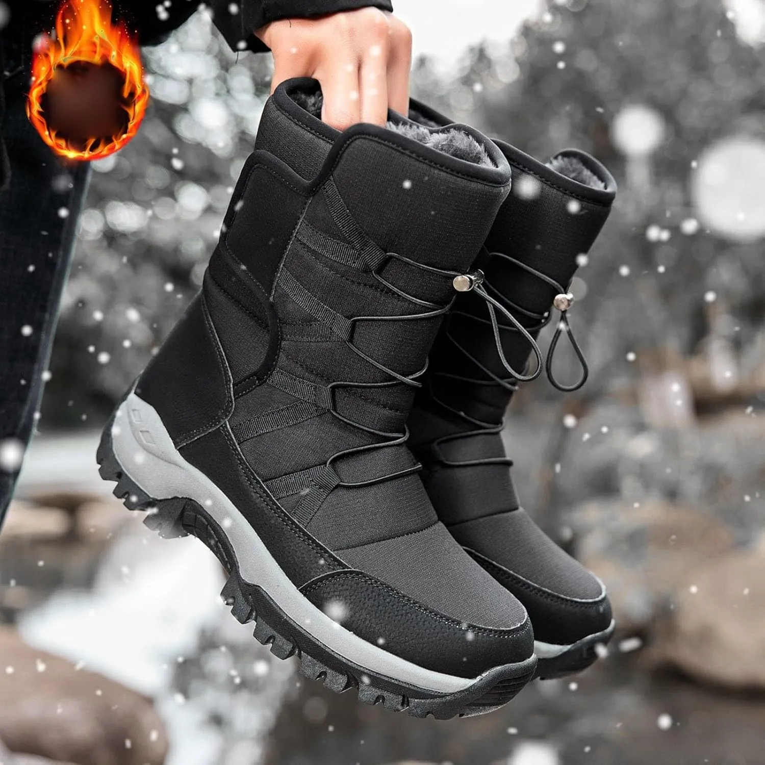 Mens Snow Boots Warm Fur Lined Mid Calf Winter Boots Lace Up Water Resistant Anti Slip Outdoor Lightweight Casual Climbing Shoes Hiking Shoes Work Trekking Boot