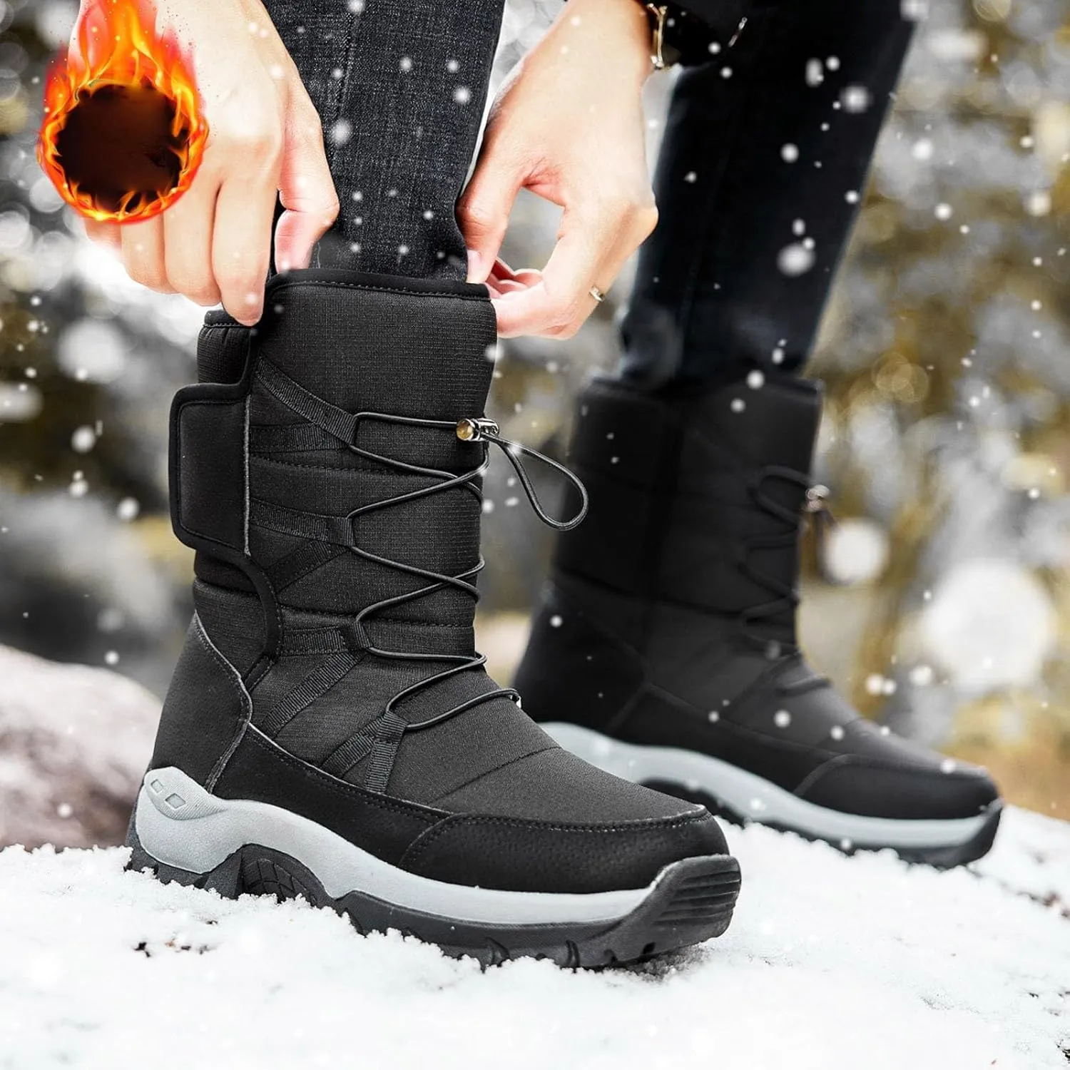 Mens Snow Boots Warm Fur Lined Mid Calf Winter Boots Lace Up Water Resistant Anti Slip Outdoor Lightweight Casual Climbing Shoes Hiking Shoes Work Trekking Boot