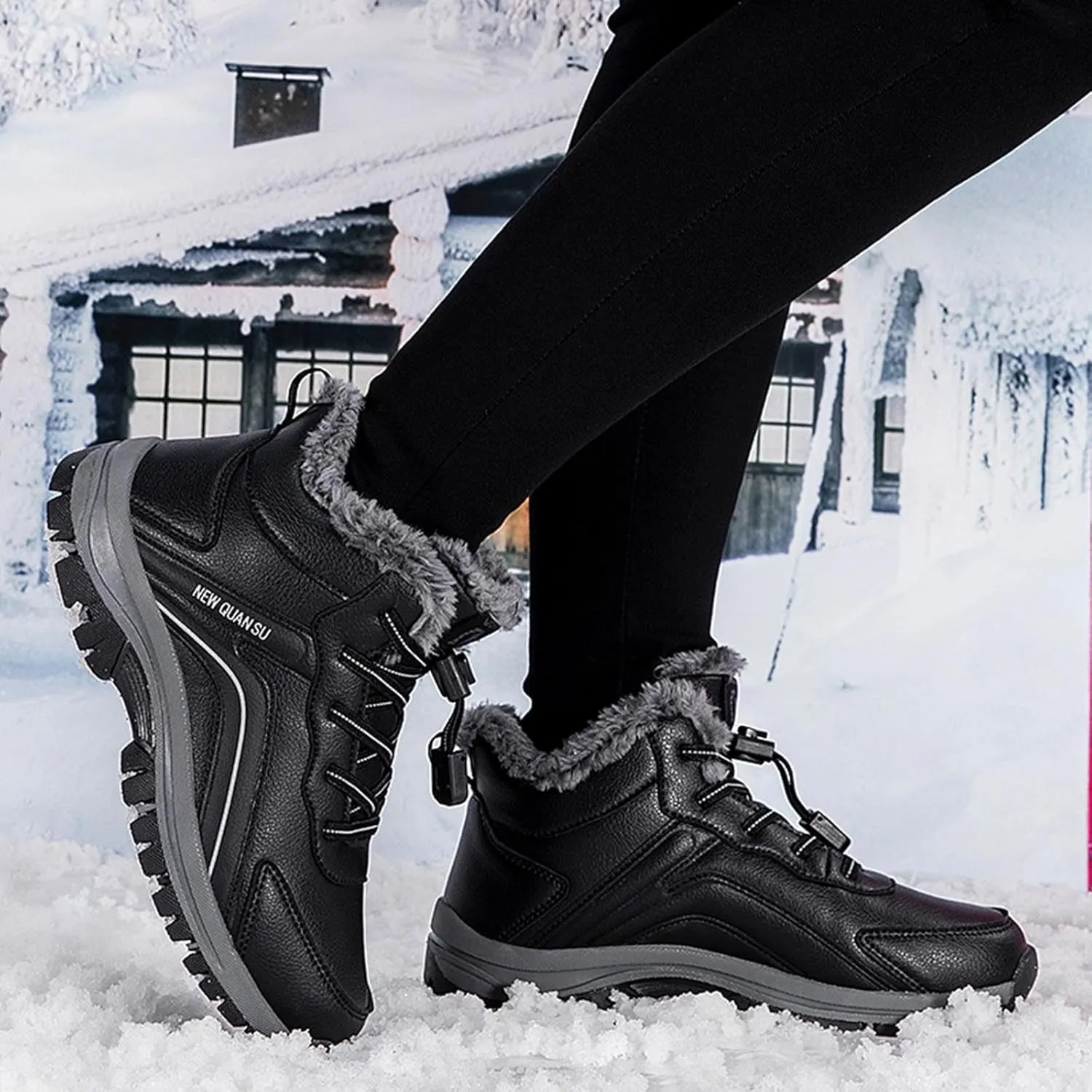 Men's Snow Boots Waterproof Furry Lined Warm Winter Boots Lace Up Sneakers Cold Weather Anti-Slip Ankle Boots Slip on Athletic Hiking Walking Shoes Sneakers