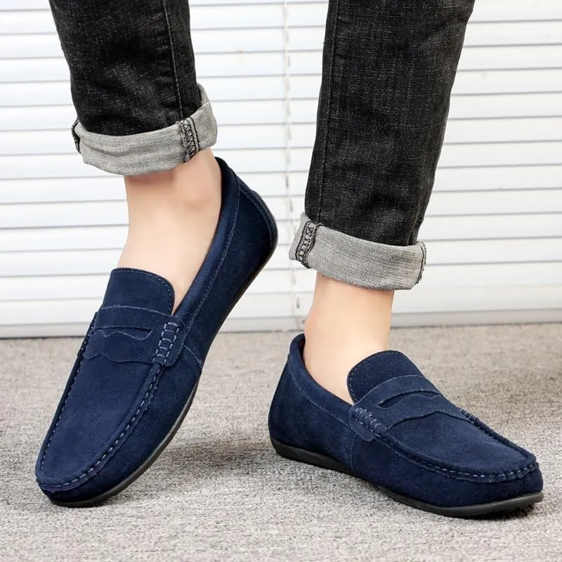Mens Suede Loafers Apron Toe Suede Vamp Solid Color Loafer Shoe Flexible Anti-Slip Lightweight Wedding Outdoor Slip-On Smoking Shoes