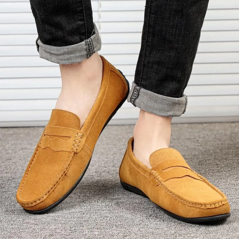 Mens Suede Loafers Apron Toe Suede Vamp Solid Color Loafer Shoe Flexible Anti-Slip Lightweight Wedding Outdoor Slip-On Smoking Shoes