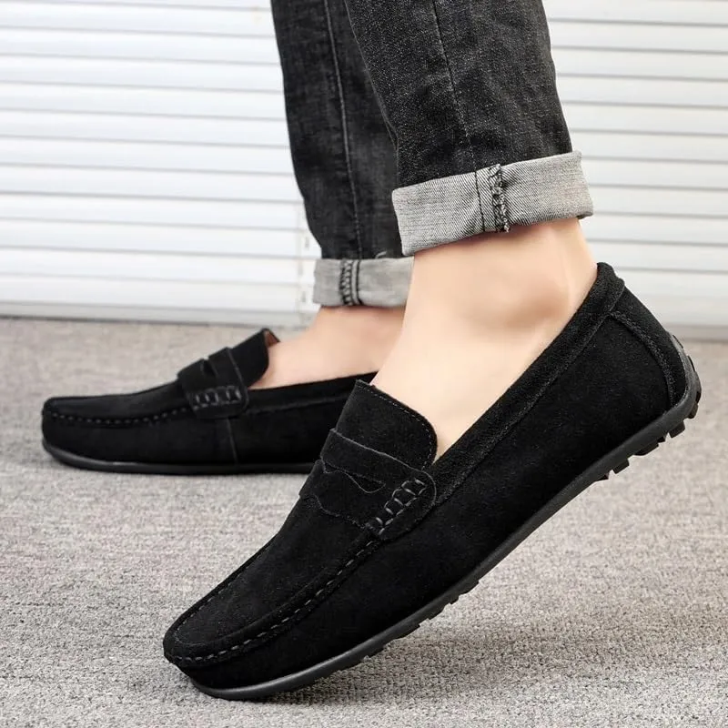 Mens Suede Loafers Apron Toe Suede Vamp Solid Color Loafer Shoe Flexible Anti-Slip Lightweight Wedding Outdoor Slip-On Smoking Shoes