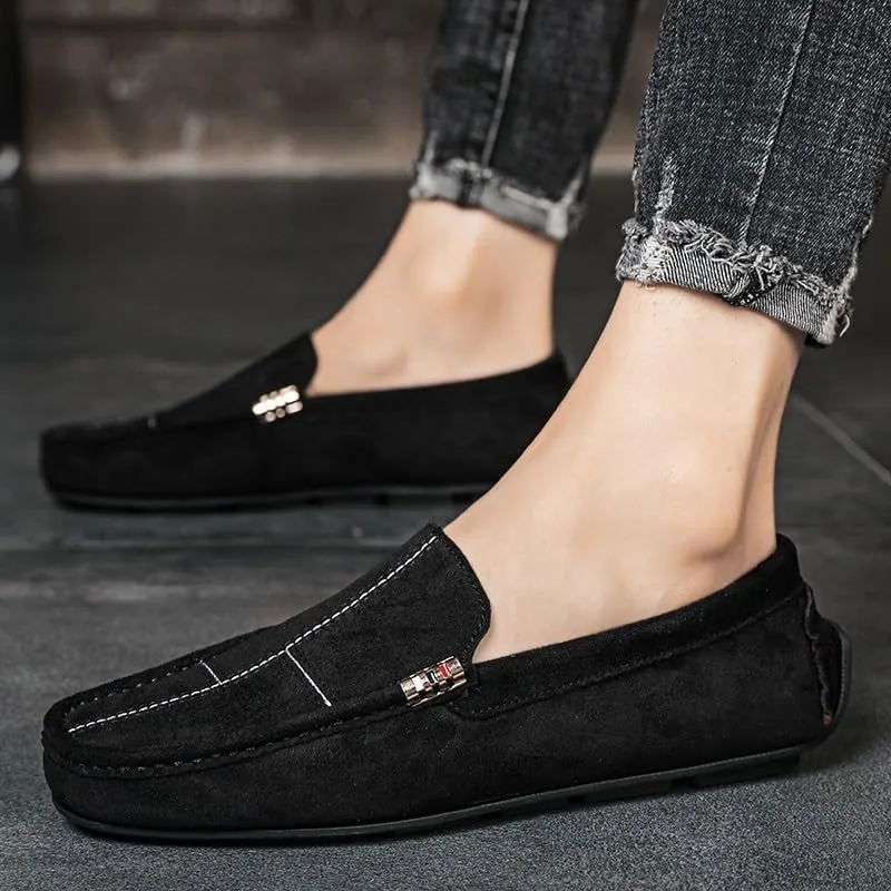 Men's Suede Loafers - Classic Driving Moccasins with Rubber Sole, Flat Heel, Flexible Comfortable Slip-On Shoes for Casual & Wedding Wear