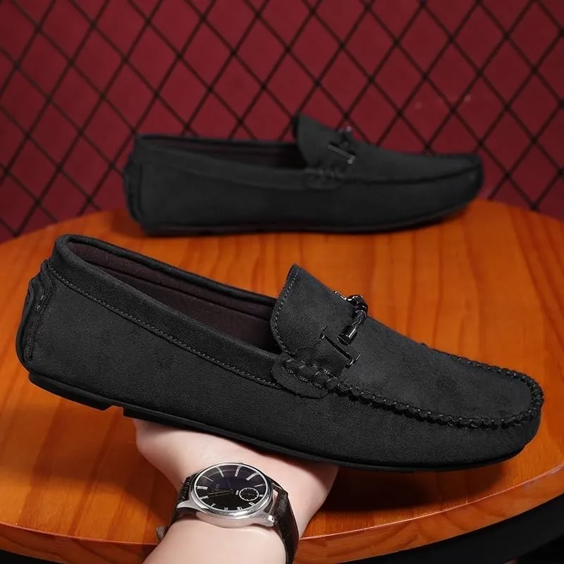 Men's Suede Loafers - Classic Round Toe Moccasins with Stitching Details, Anti-Slip Rubber Sole Flat Heel Easy Slip-On Design for Driving Casual Wear