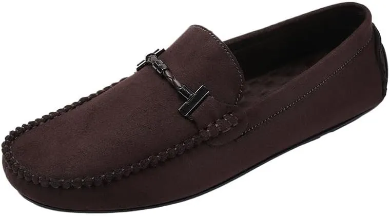 Men's Suede Loafers - Classic Round Toe Moccasins with Stitching Details, Anti-Slip Rubber Sole Flat Heel Easy Slip-On Design for Driving Casual Wear