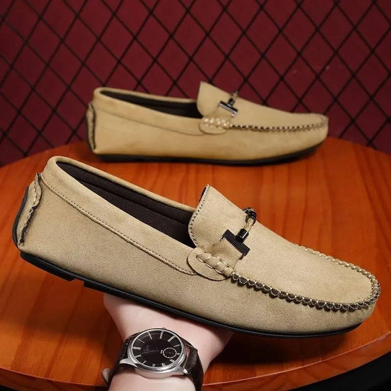 Men's Suede Loafers - Classic Round Toe Moccasins with Stitching Details, Anti-Slip Rubber Sole Flat Heel Easy Slip-On Design for Driving Casual Wear
