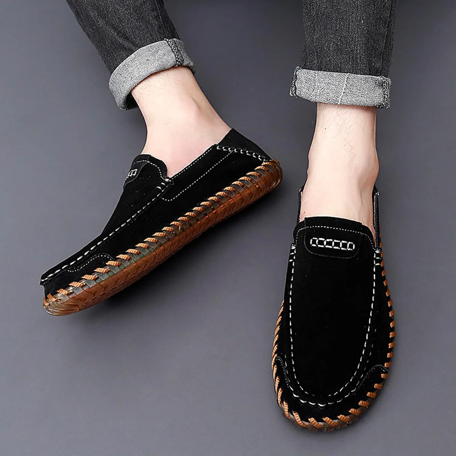 Men's Summer Soft Suede Penny Round Toe Loafers Comfortable and Soft Casual Leather Shoes Flat Comfortable Driving Shoes Anti Slip Boat Shoes