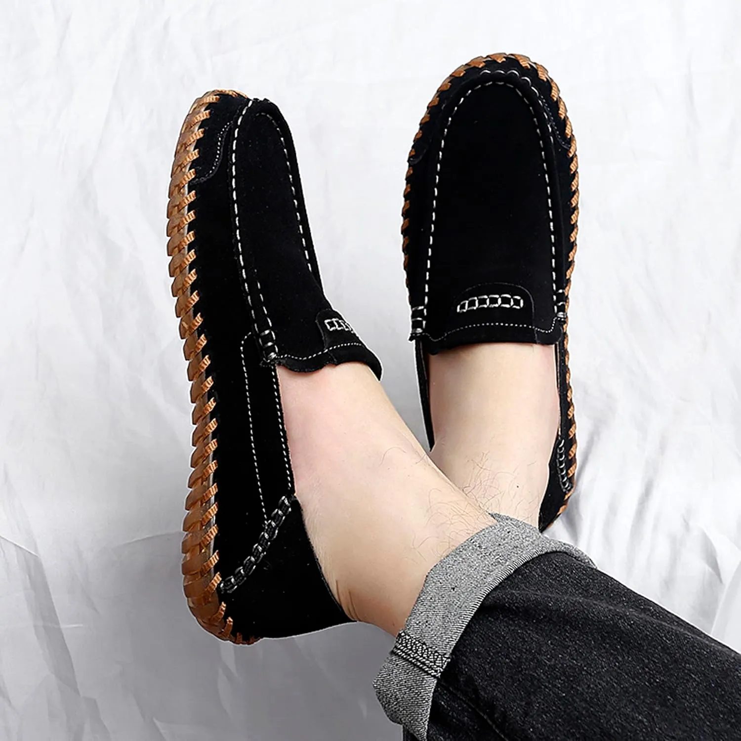 Men's Summer Soft Suede Penny Round Toe Loafers Comfortable and Soft Casual Leather Shoes Flat Comfortable Driving Shoes Anti Slip Boat Shoes