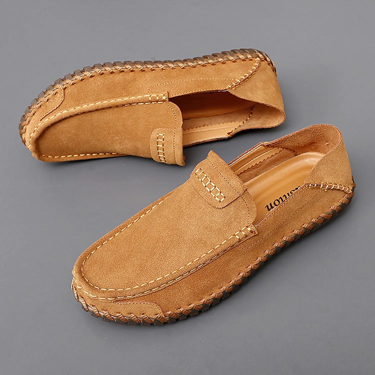 Men's Summer Soft Suede Penny Round Toe Loafers Comfortable and Soft Casual Leather Shoes Flat Comfortable Driving Shoes Anti Slip Boat Shoes