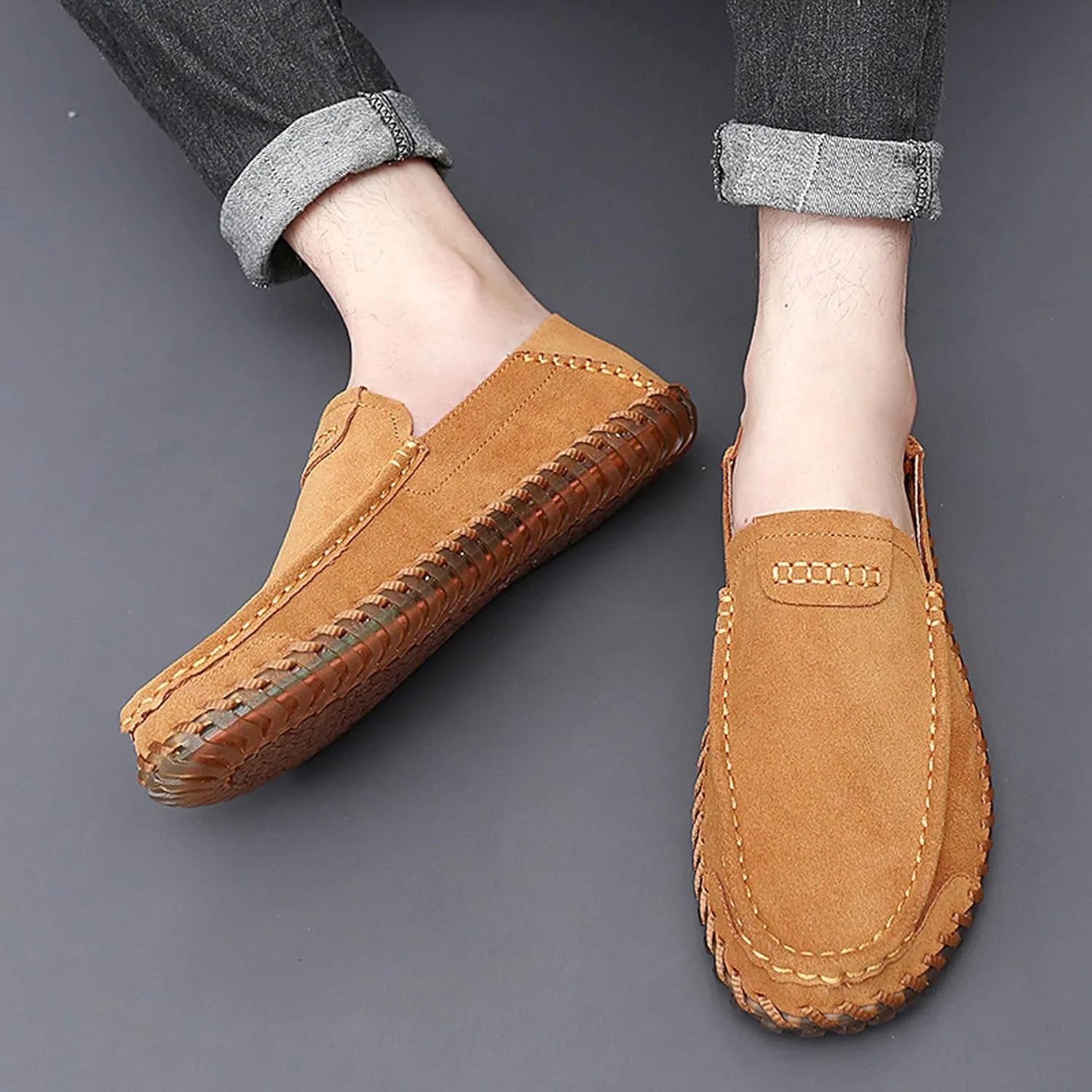 Men's Summer Soft Suede Penny Round Toe Loafers Comfortable and Soft Casual Leather Shoes Flat Comfortable Driving Shoes Anti Slip Boat Shoes