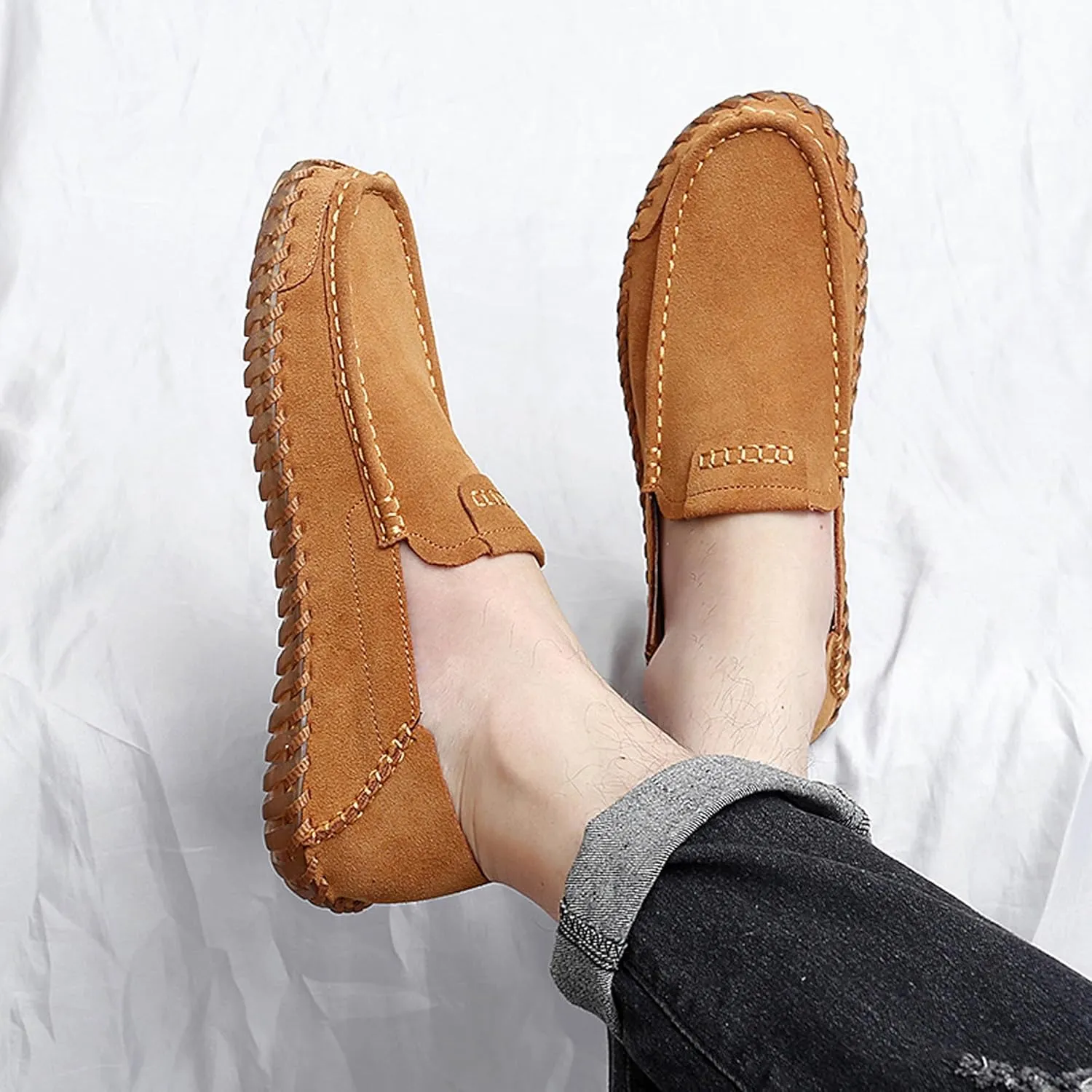 Men's Summer Soft Suede Penny Round Toe Loafers Comfortable and Soft Casual Leather Shoes Flat Comfortable Driving Shoes Anti Slip Boat Shoes