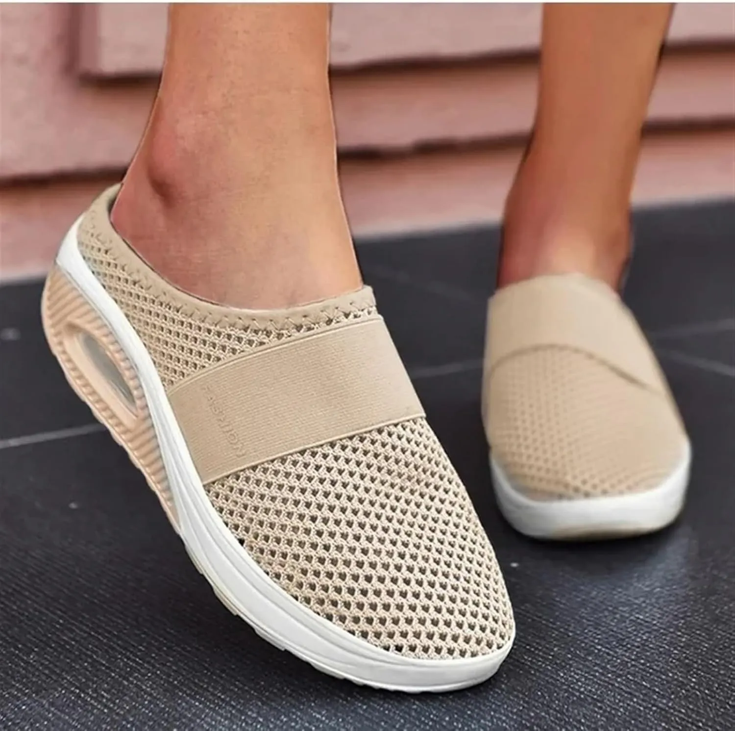 Mules Shoes for Women Backless Walking Sneakers Mesh Air Cushion Orthopedic Diabetic Shoes Backless Breathable Arch Support Sandals Outdoor Slippers Wide Width Clogs