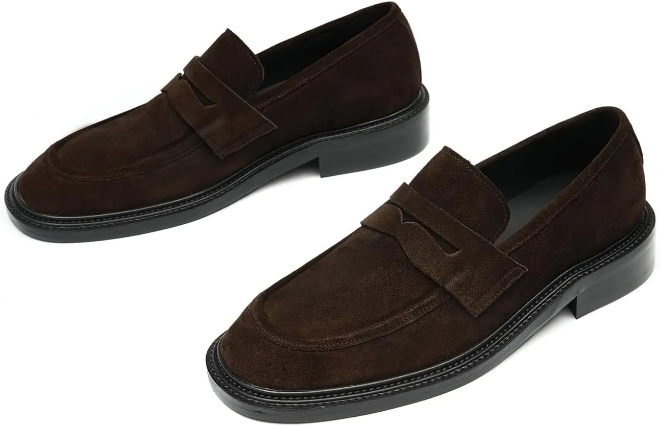 Santimon Men??s Suede Penny Loafers Slip-On Dress Shoes ?C Genuine Leather Upper, Anti-Slip Rubber Sole, Business Casual Suit Shoes for Office, Wedding & Everyday Wear