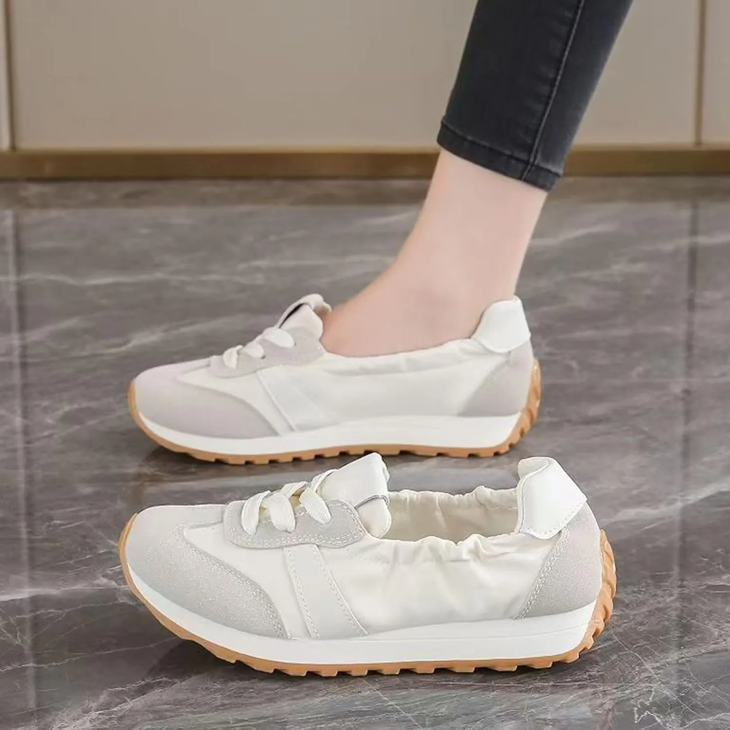Sneakers for Women Flat Ballerina Shoes Non Slip Trendy Wide Box Lace Up Round Toes Sneakers Lightweight Breathable Comfortable Dress Shoes Platform Heels Fancy Sporty Outdoor Running Walking Shoe
