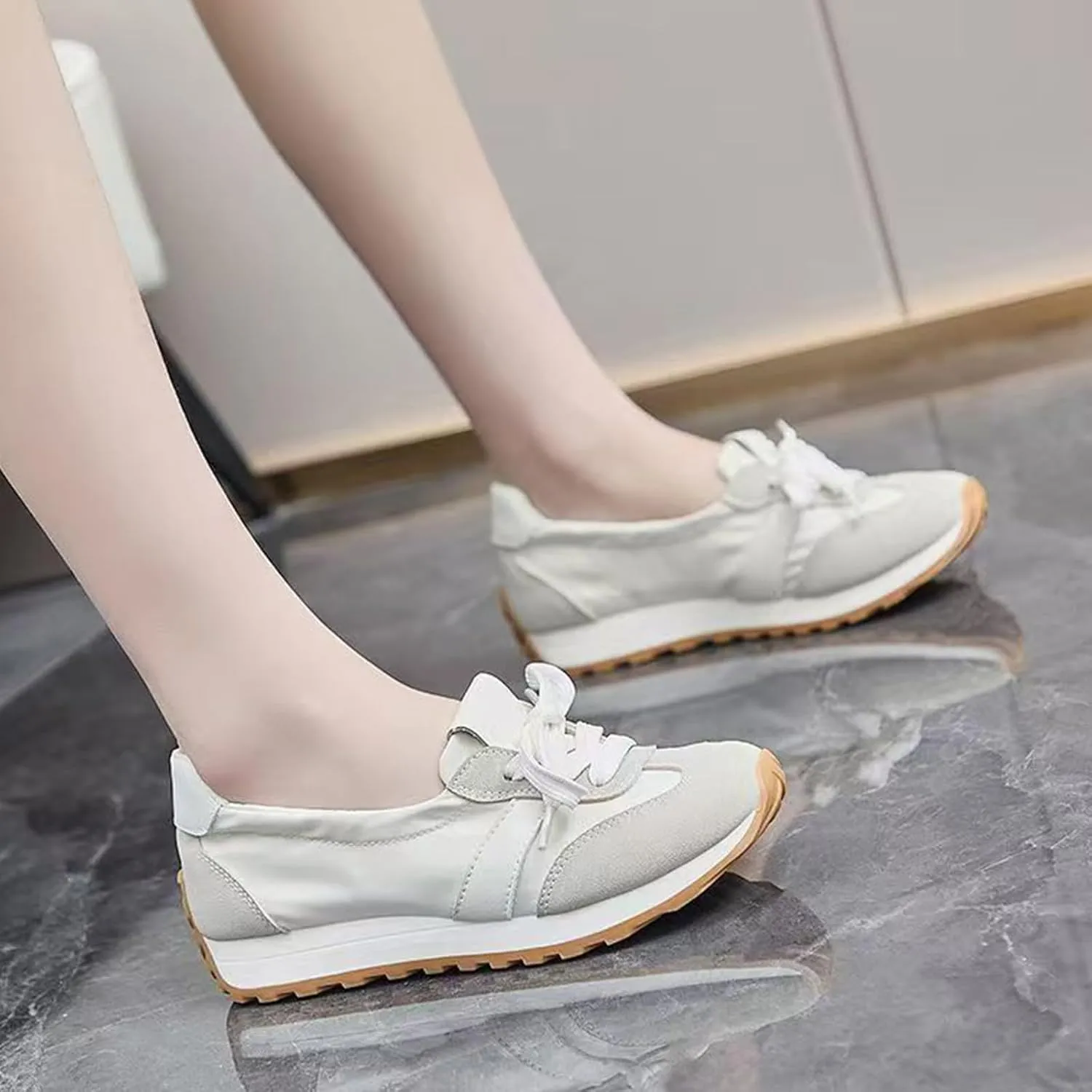 Sneakers for Women Flat Ballerina Shoes Non Slip Trendy Wide Box Lace Up Round Toes Sneakers Lightweight Breathable Comfortable Dress Shoes Platform Heels Fancy Sporty Outdoor Running Walking Shoe