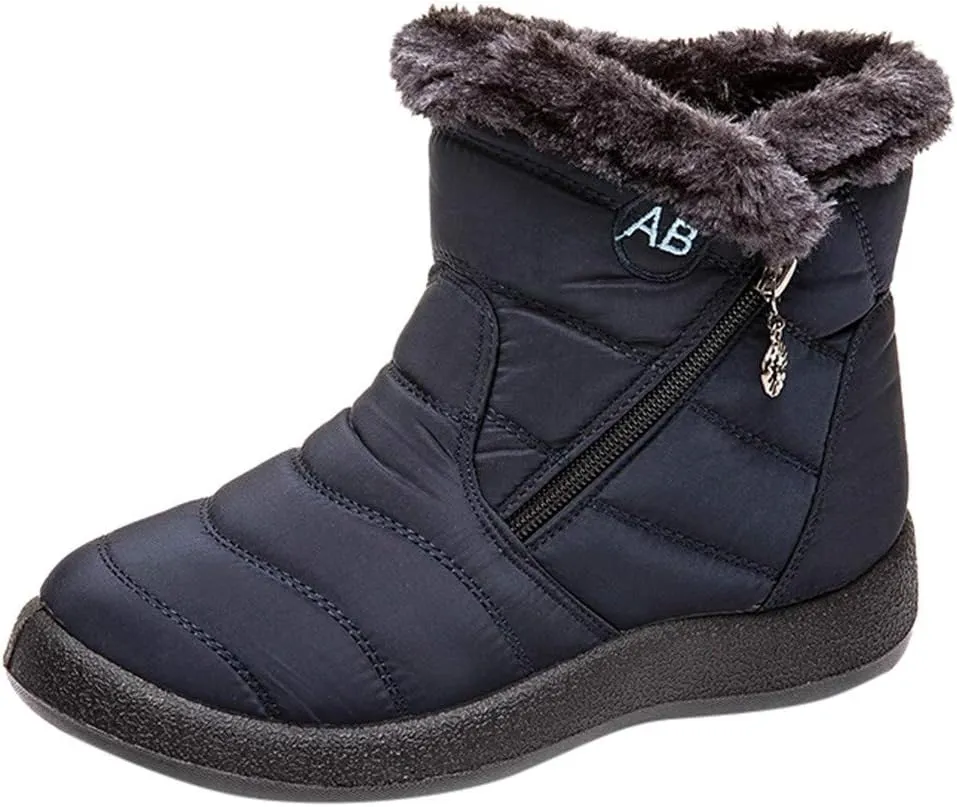 Snow Boots Womens Winter Ankle Boots Ladies Warm Fur Lined Booties Thickening Shoes Zip Flat Sneakers Waterproof Comfortable Slip On Outdoor Booties Wide Width Cold-Weather Boots Arch Support