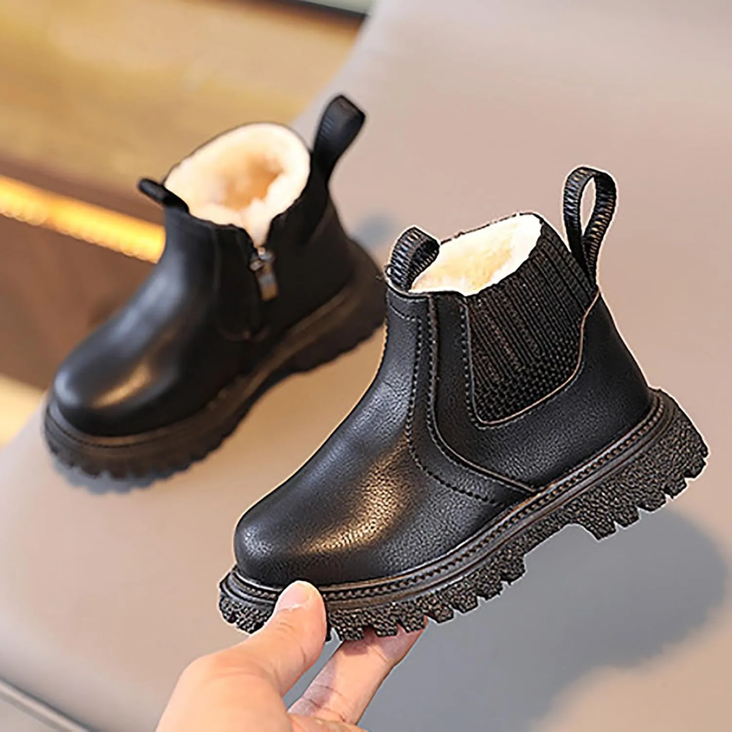 Toddler Unisex Winter Boots Little Boys Girls Fleece Lined Outdoor Snow Shoes Side Zipper Ankle Boots School Shoes