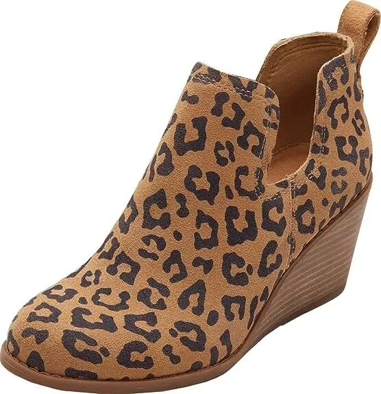 Toms Kallie Doe Leopard Printed Suede Pull On Wedge Heel Ankle Fashion Boots