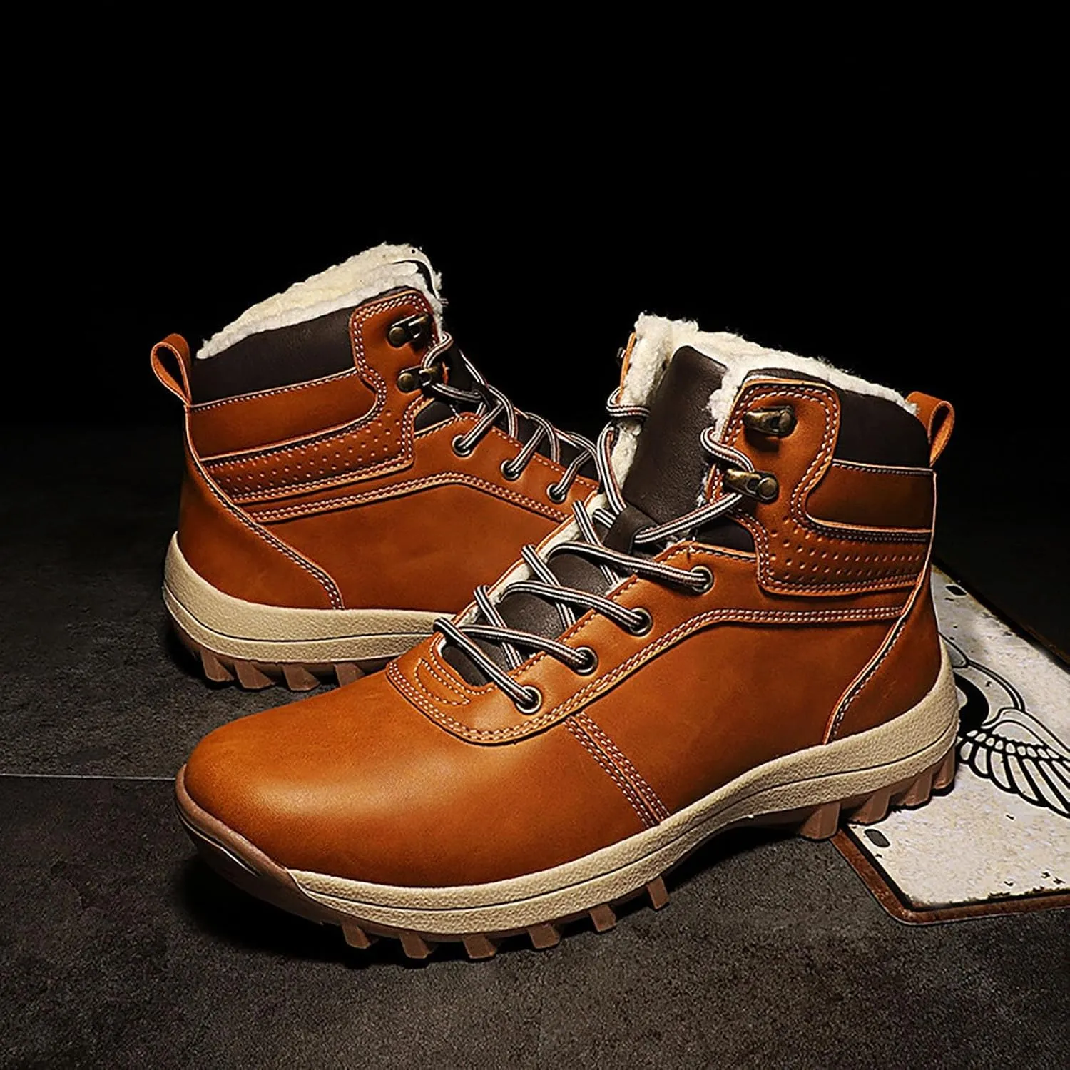 Vintage Leather Ankle Boots for Men Water Proof Insulated Non Slip Boots Thickened Warm Fleece Hiking Boot with Support