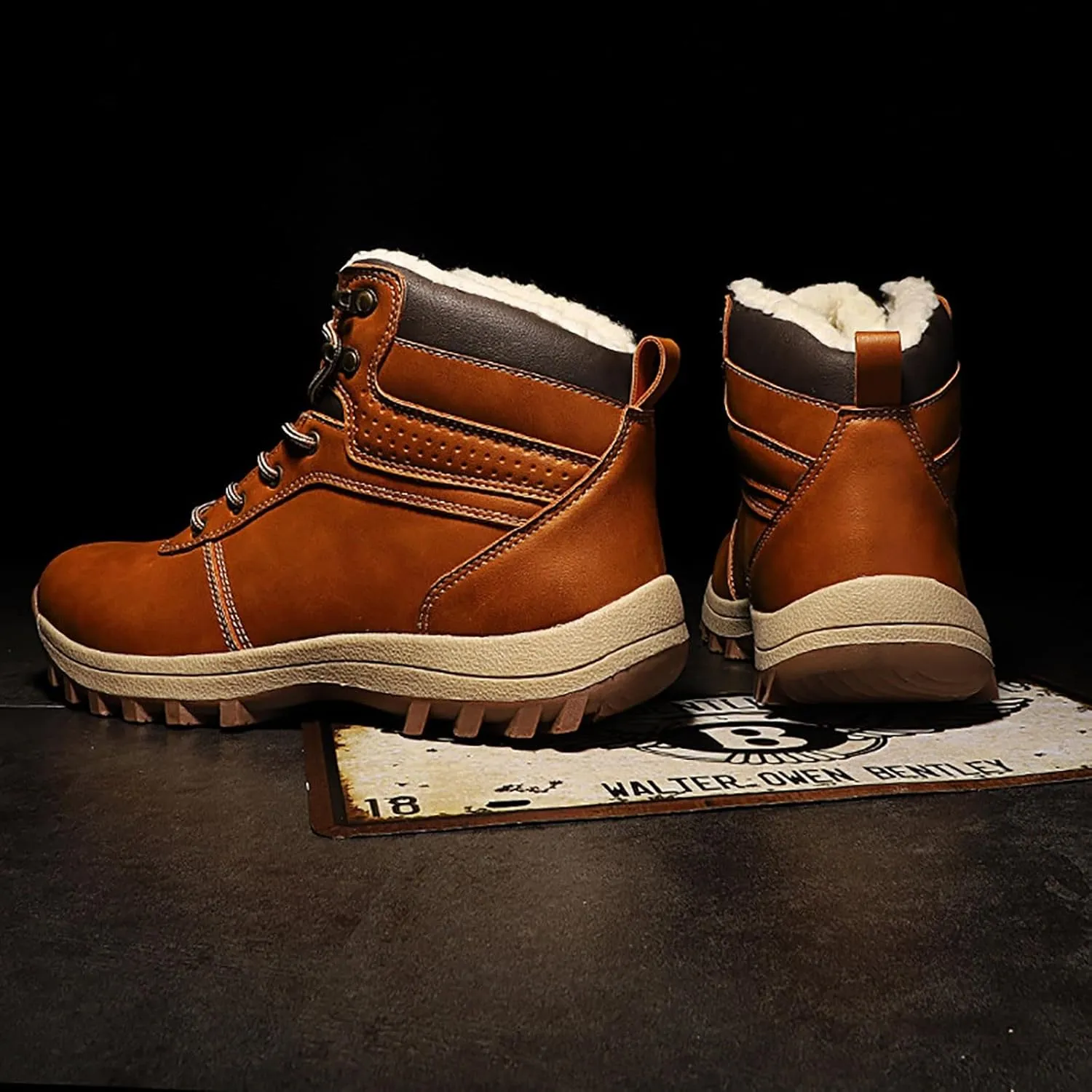Vintage Leather Ankle Boots for Men Water Proof Insulated Non Slip Boots Thickened Warm Fleece Hiking Boot with Support