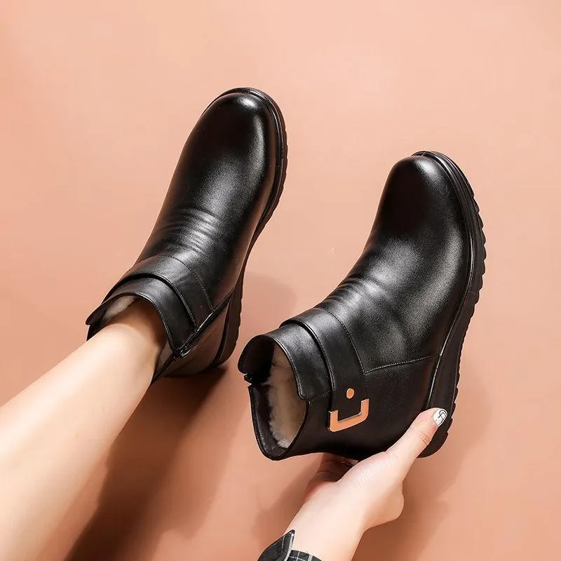 Warm Non-slip Leather Wedge Boots