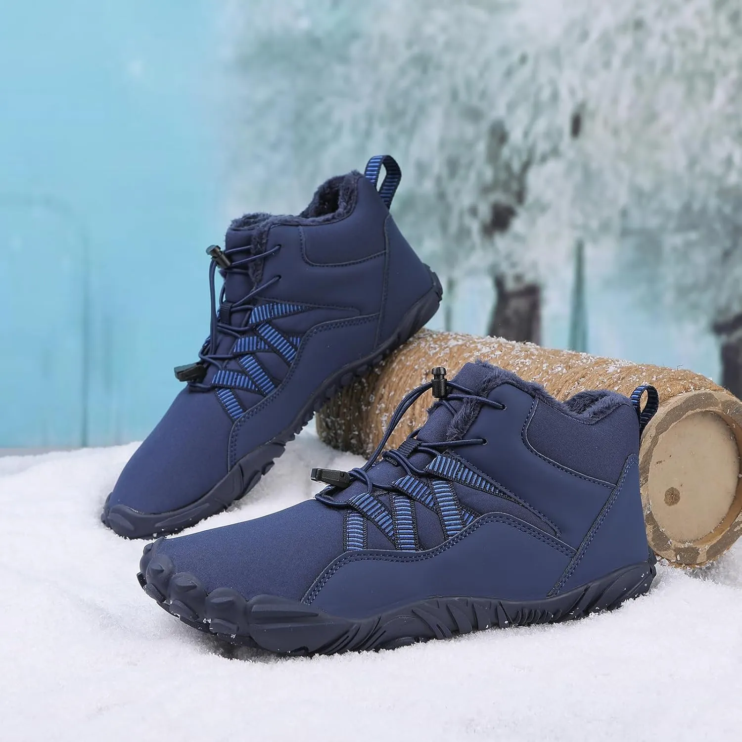 Winter Snow Ankle Boots Waterproof Warm Fur Lined Hiking Boot Zero Drop Sole Slip On Barefoot Shoes