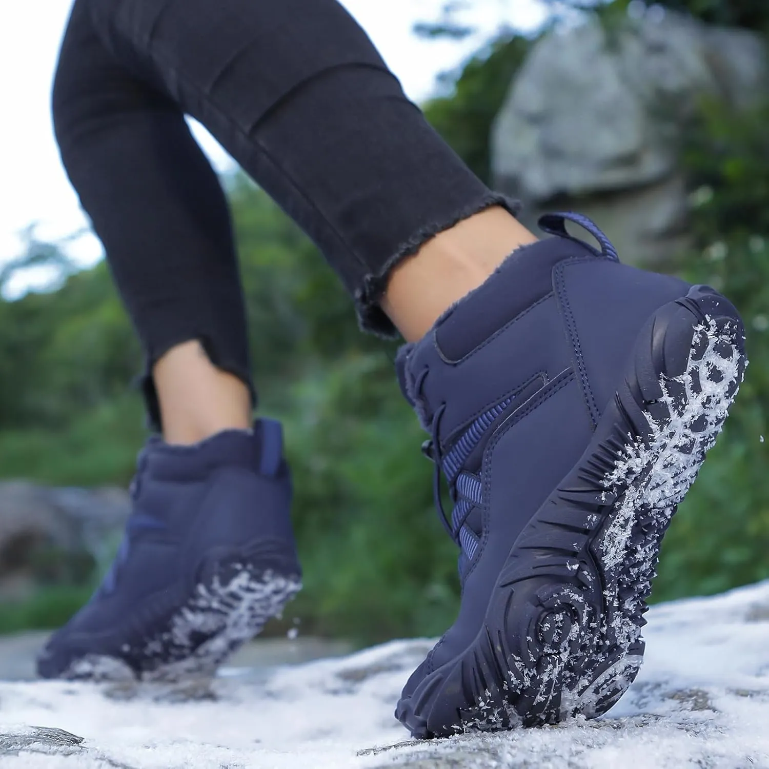 Winter Snow Ankle Boots Waterproof Warm Fur Lined Hiking Boot Zero Drop Sole Slip On Barefoot Shoes