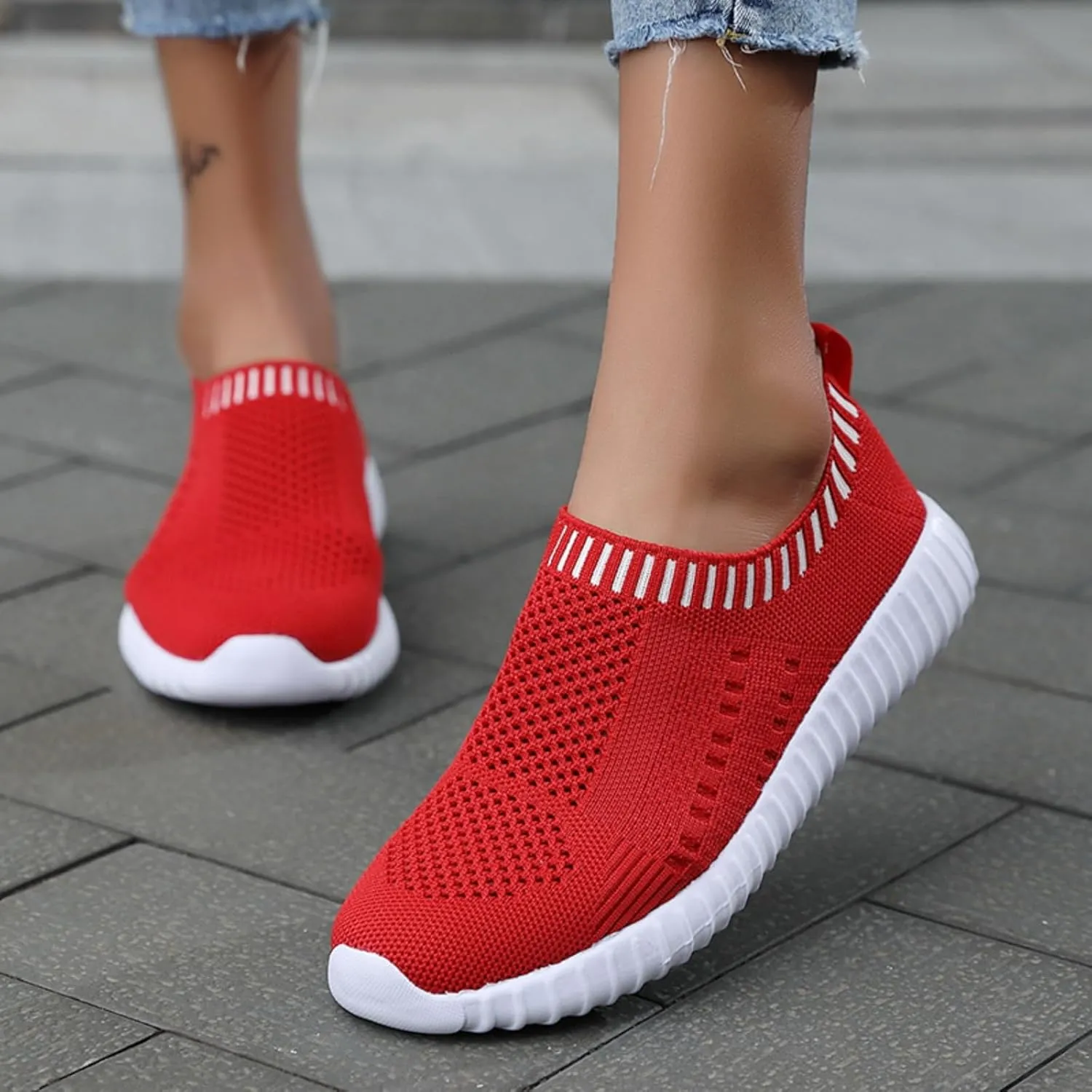 Womens Athletic Walking Shoes Slip On Shoes Sneakers Casual Mesh Non Slip Running Shoe Laceless Breathable Lightweight Knit Sneakers Comfortable Outdoor Tennis Workout Big Size Soft Sole Loafers