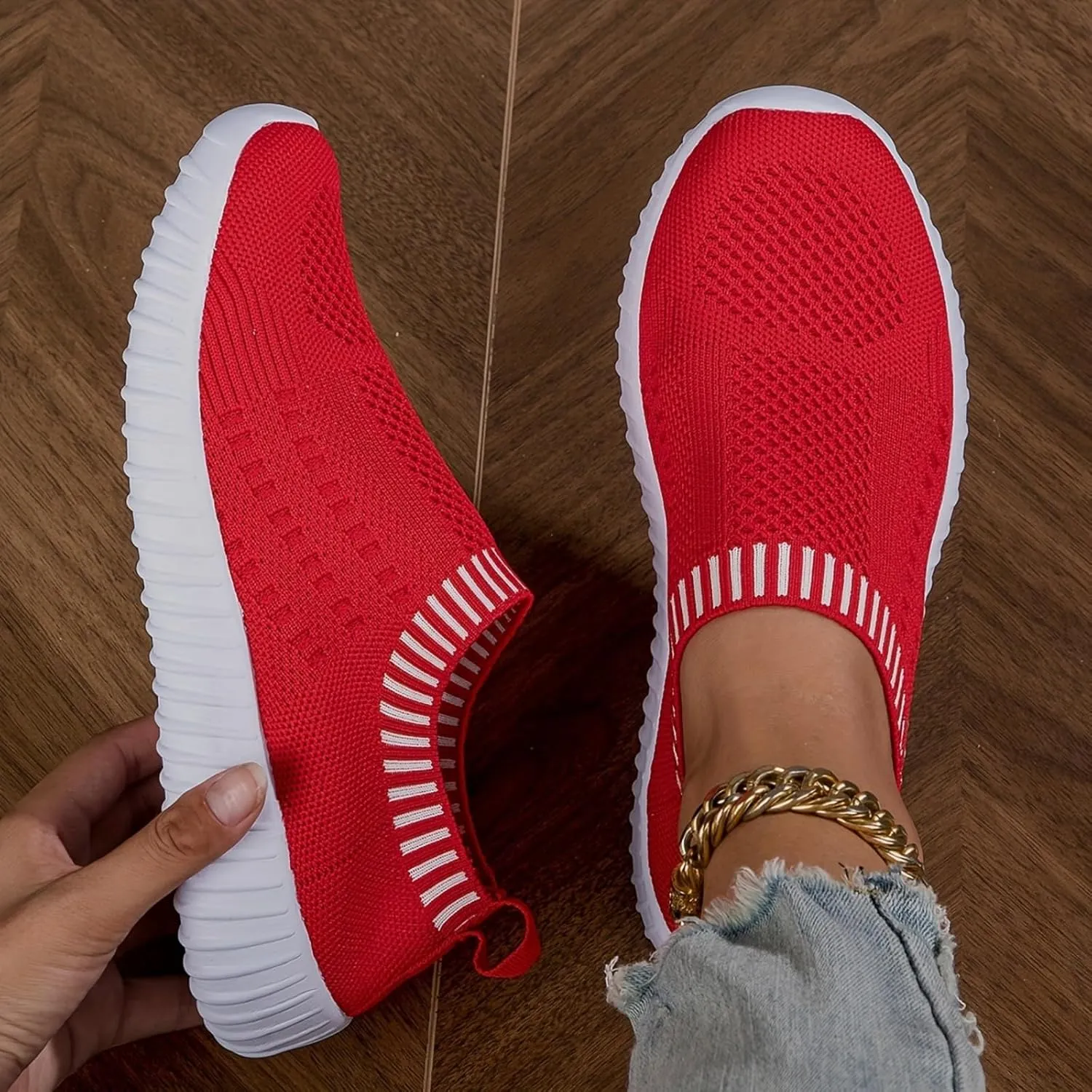Womens Athletic Walking Shoes Slip On Shoes Sneakers Casual Mesh Non Slip Running Shoe Laceless Breathable Lightweight Knit Sneakers Comfortable Outdoor Tennis Workout Big Size Soft Sole Loafers