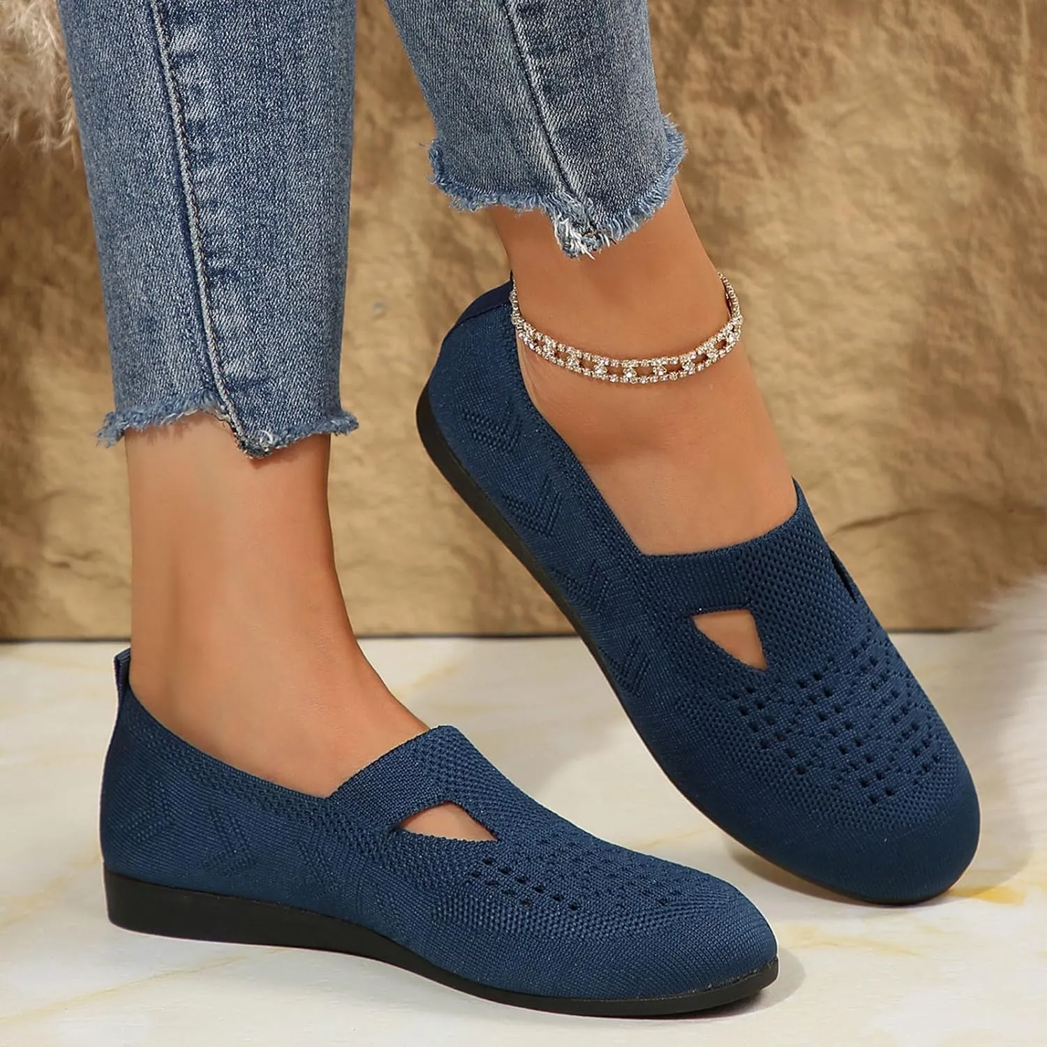 Womens Breathable Knit Walking Shoes with Arch Support Orthopedic Sneakers, Casual Flat Shoes for Daily, Work, Travel