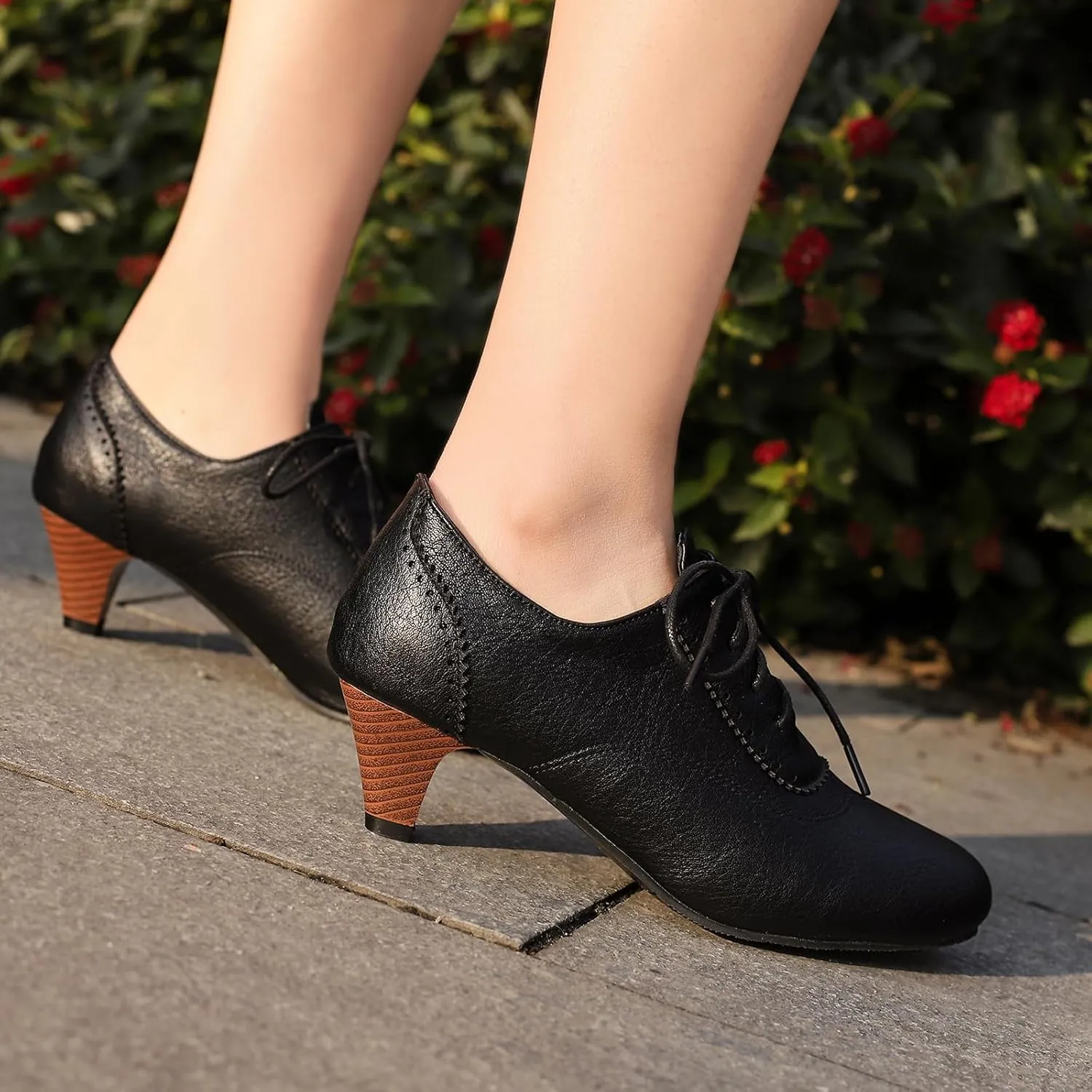 Women's Brown Classic Leather Stacked Heel Dress Mary Jane Round Toe Elegant Office Pumps