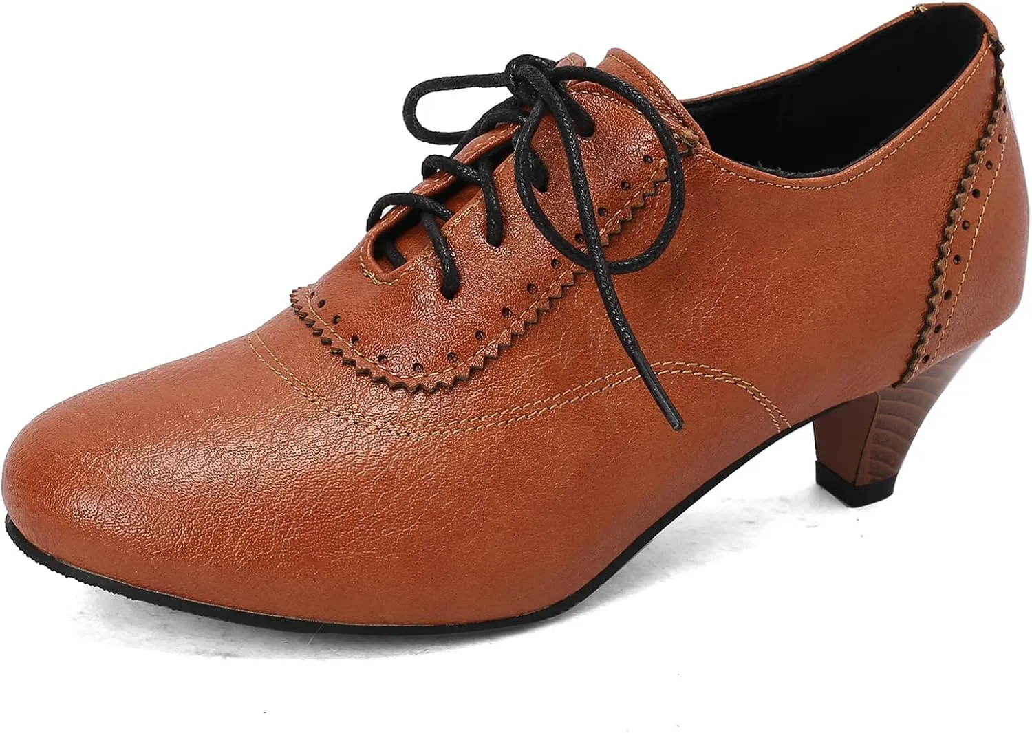 Women's Brown Classic Leather Stacked Heel Dress Mary Jane Round Toe Elegant Office Pumps