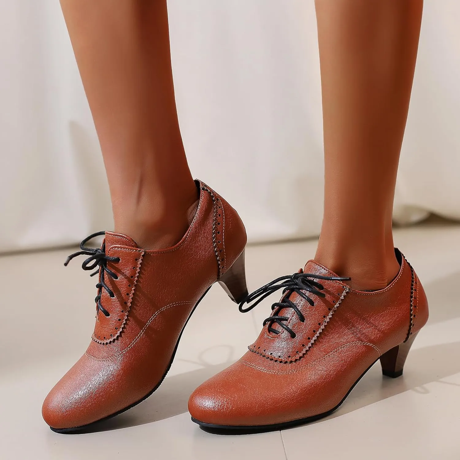Women's Brown Classic Leather Stacked Heel Dress Mary Jane Round Toe Elegant Office Pumps