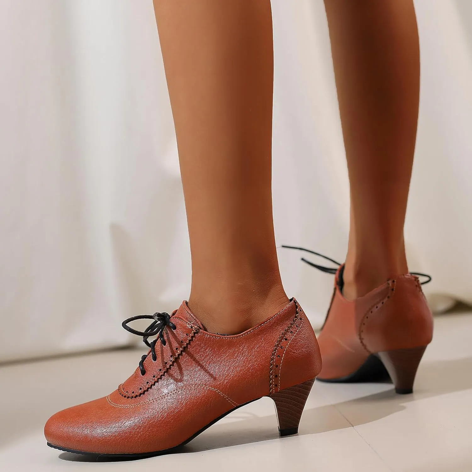 Women's Brown Classic Leather Stacked Heel Dress Mary Jane Round Toe Elegant Office Pumps