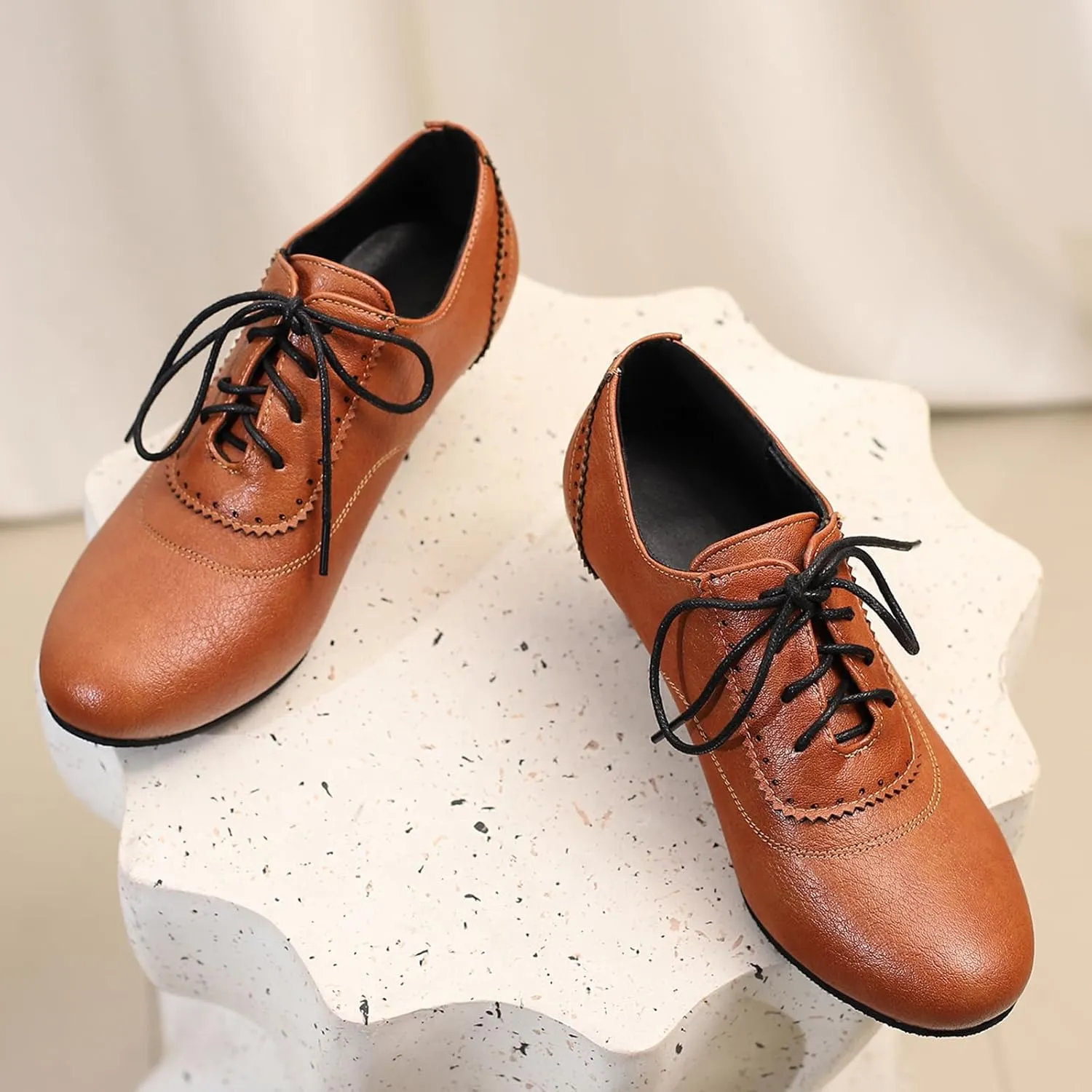 Women's Brown Classic Leather Stacked Heel Dress Mary Jane Round Toe Elegant Office Pumps