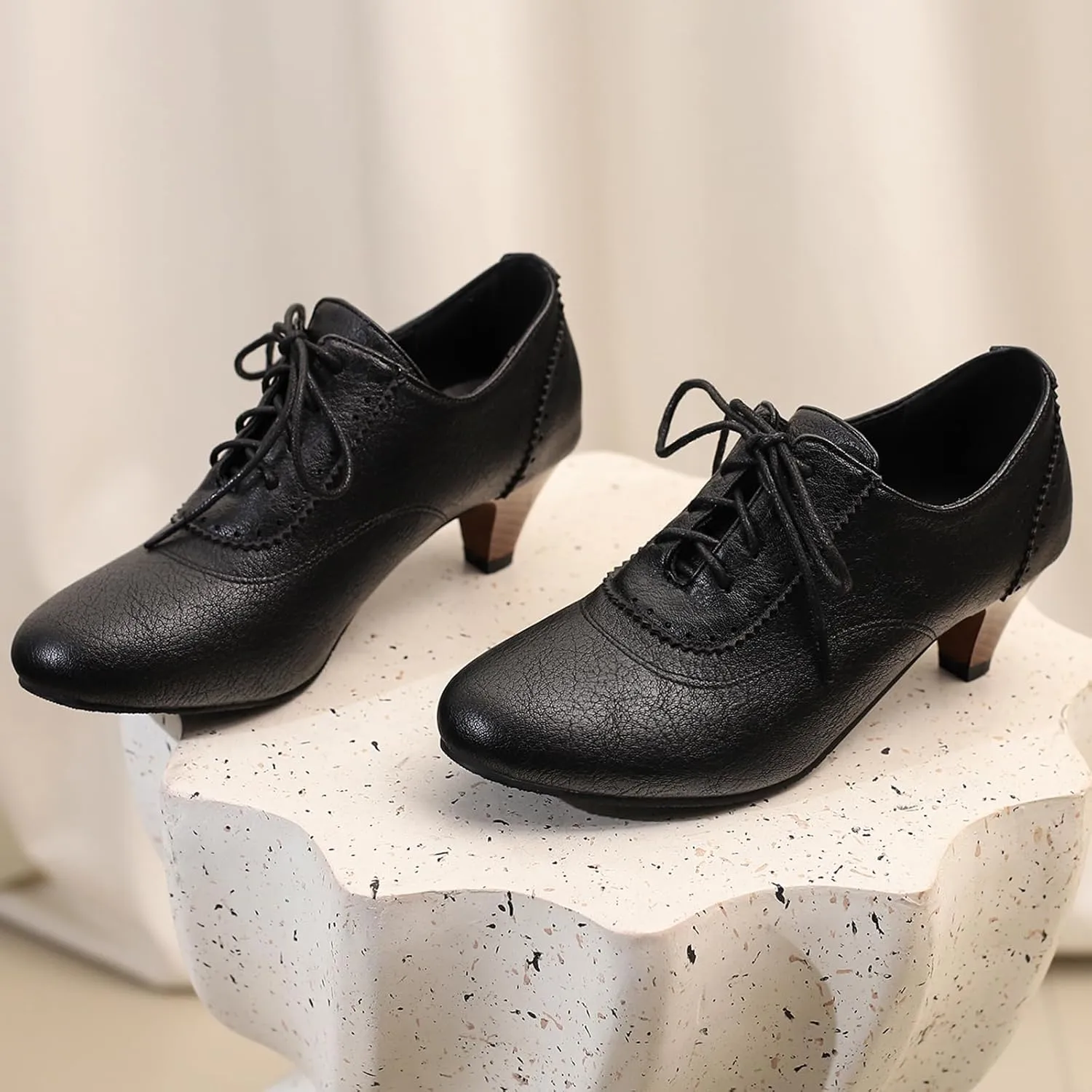 Women's Brown Classic Leather Stacked Heel Dress Mary Jane Round Toe Elegant Office Pumps