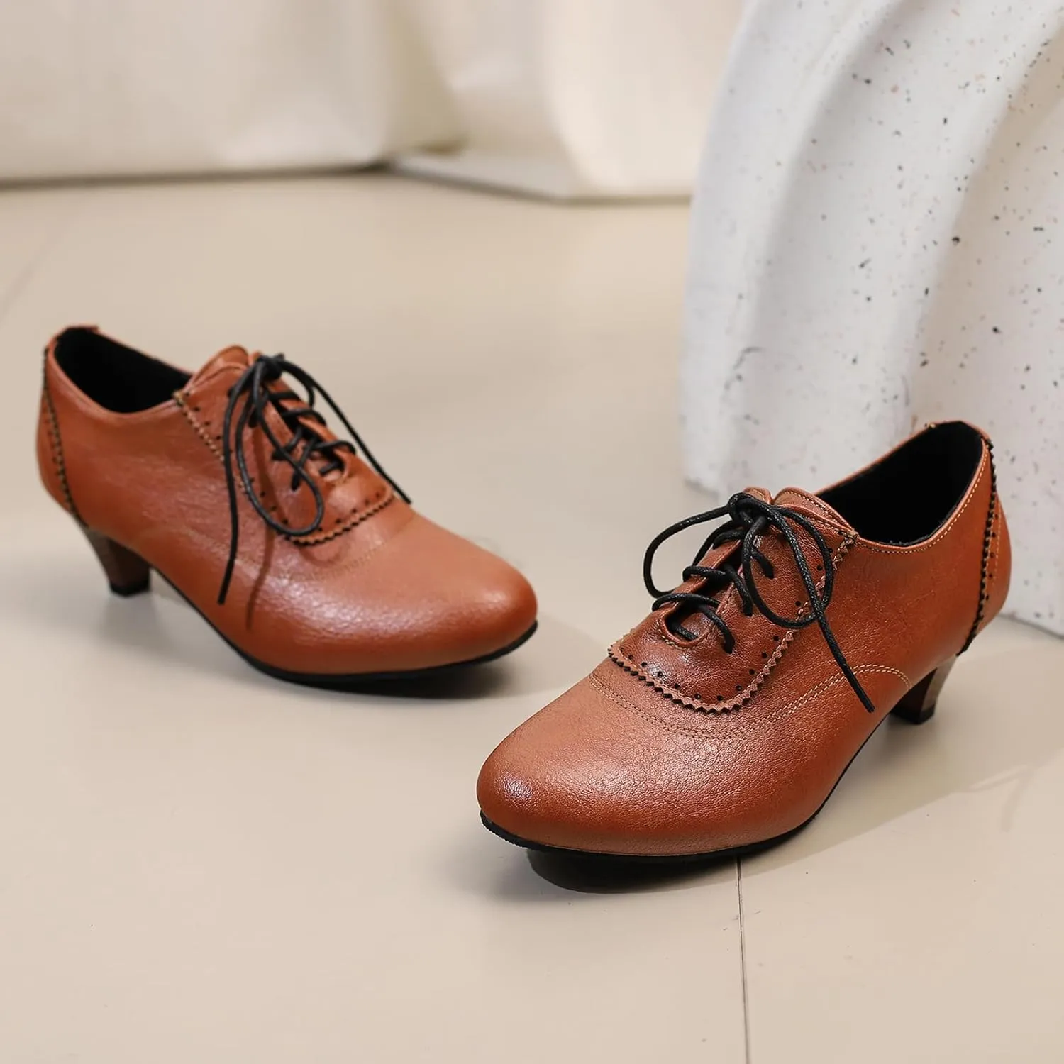 Women's Brown Classic Leather Stacked Heel Dress Mary Jane Round Toe Elegant Office Pumps