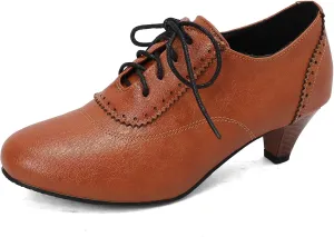 Women's Brown Classic Leather Stacked Heel Dress Mary Jane Round Toe Elegant Office Pumps